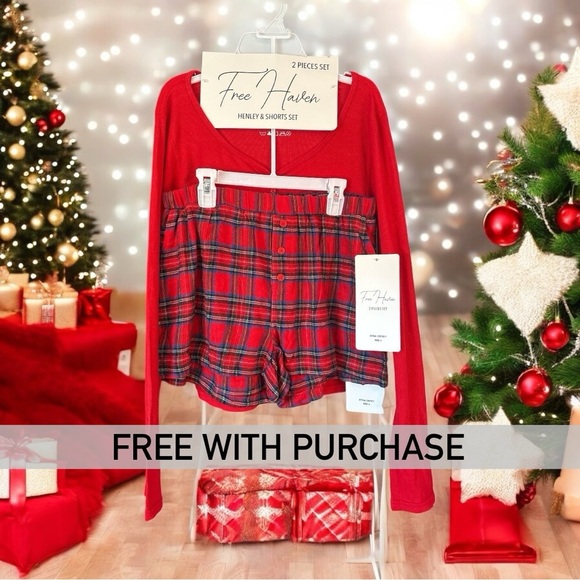 Free w/ Purchase 2 Piece by Free Haven Pajamas Henley & Shorts Plaid Flannel Red - Picture 12 of 15